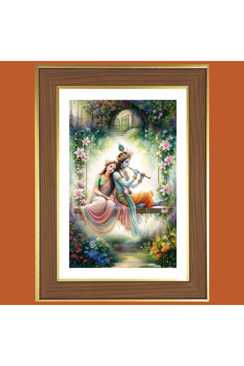 Radha krishna flute Photo Frame - 14x18 Inches, Brown Wooden Frame for Home, Office & Temple Decoration