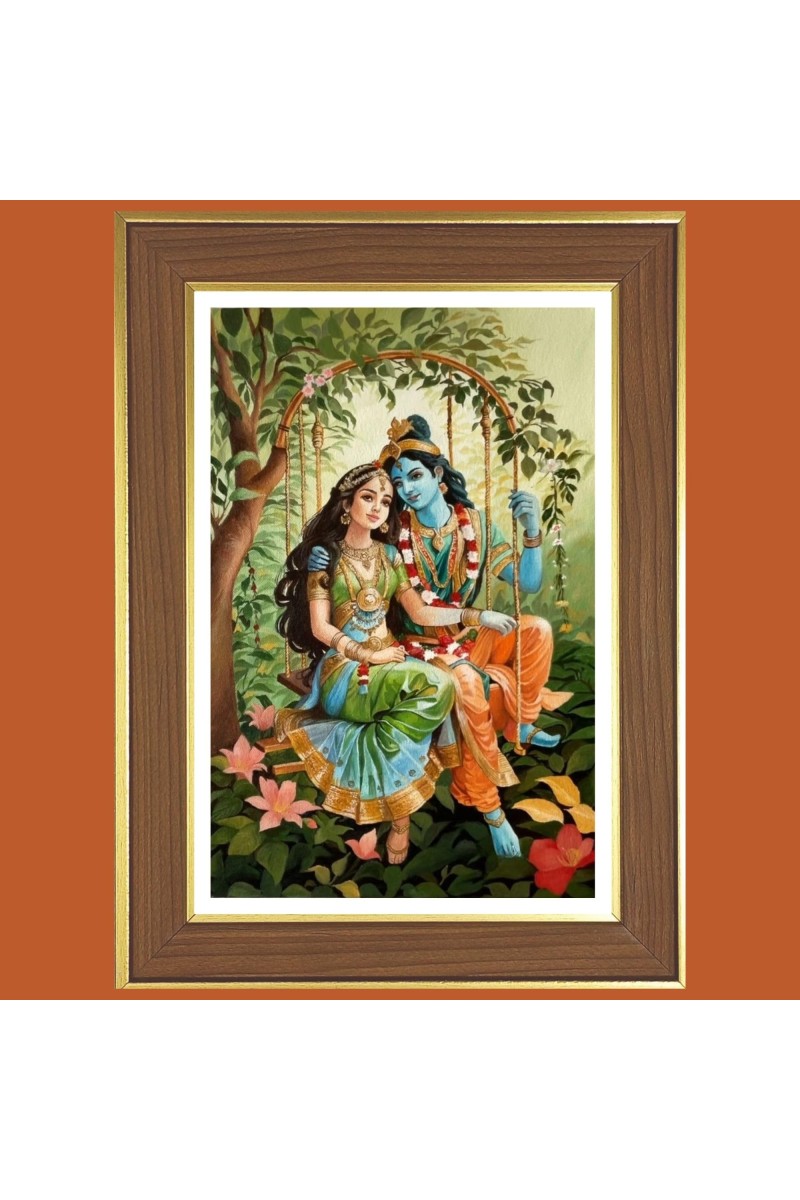 Krishna and Radha Photo Frame - 10x14 Inches, Brown Wooden Frame for Home, Office & Temple Decoration