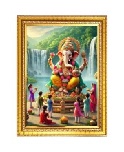 Ganapathi bappa Photo Frame - 10x14 Inches, Brown Wooden Frame for Home, Office & Temple Decoration