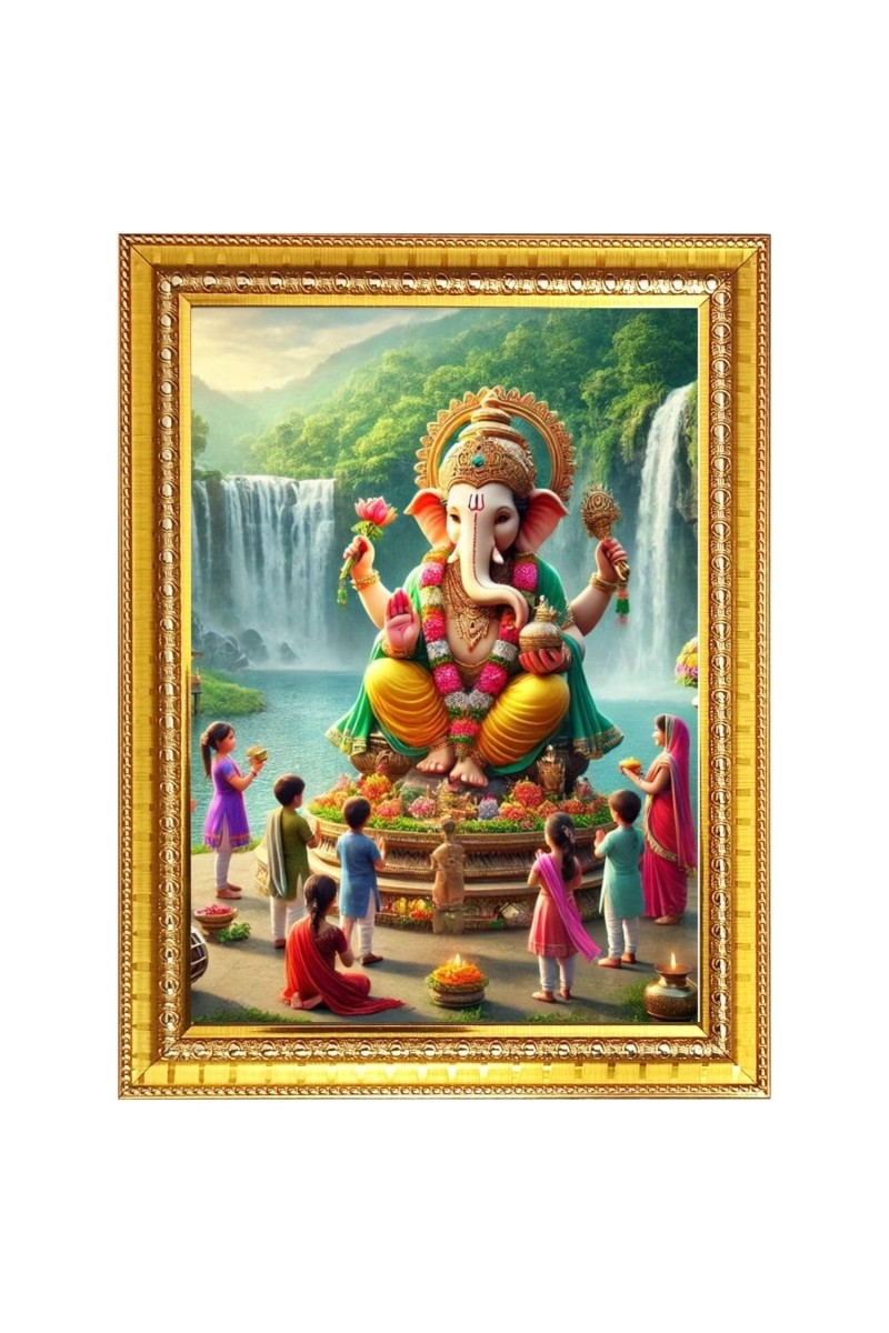 Ganapathi bappa Photo Frame - 12x16 Inches, Brown Wooden Frame for Home, Office & Temple Decoration