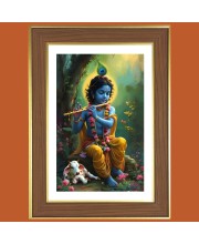 Little krishna playing flute Photo Frame - 10x14 Inches, Brown Wooden Frame for Home, Office & Temple Decoration