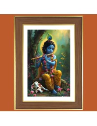 Little krishna playing flute Photo Frame - 14x18 Inches, Brown Wooden Frame for Home, Office & Temple Decoration
