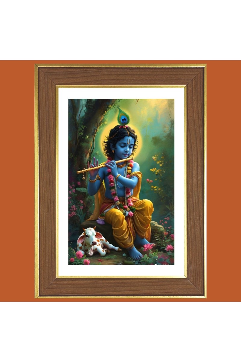 Little krishna playing flute Photo Frame - 14x18 Inches, Brown Wooden Frame for Home, Office & Temple Decoration