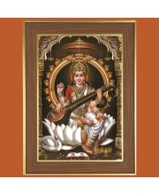 Goddess Saraswati Photo Frame - 10x14 Inches, Brown Wooden Frame for Home, Office & Temple Decoration