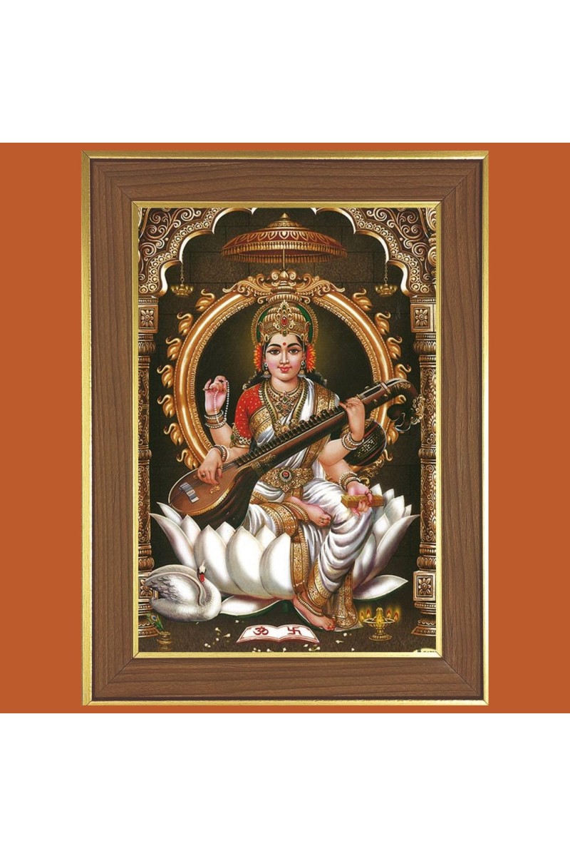 Goddess Saraswati Photo Frame - 12x16 Inches, Brown Wooden Frame for Home, Office & Temple Decoration