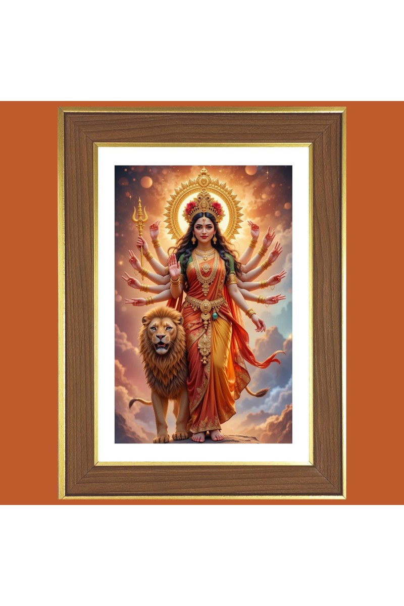 Durga Maa Photo Frame - 10x14 Inches, Brown Wooden Frame for Home, Office & Temple decoration