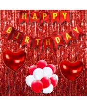 Happy Birthday Decoration Combo Set - 20 Pcs. Metallic Balloons, 2 love Foil Balloons, 13 Pcs. Birthday Banner, 2 Pcs. Foil Curtain Party Backdrop Kit for Celebrations and Events (Red)