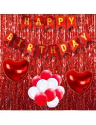 Happy Birthday Decoration Combo Set - 20 Pcs. Metallic Balloons, 2 love Foil Balloons, 13 Pcs. Birthday Banner, 2 Pcs. Foil Curtain Party Backdrop Kit for Celebrations and Events (Red)