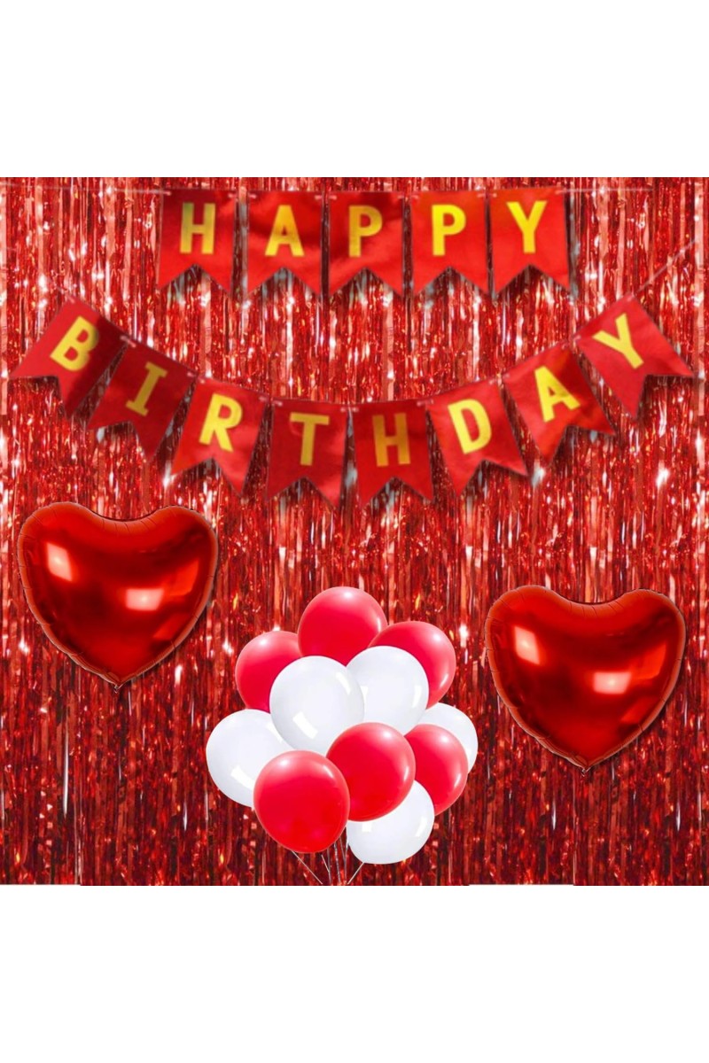 Happy Birthday Decoration Combo Set - 20 Pcs. Metallic Balloons, 2 love Foil Balloons, 13 Pcs. Birthday Banner, 2 Pcs. Foil Curtain Party Backdrop Kit for Celebrations and Events (Red)