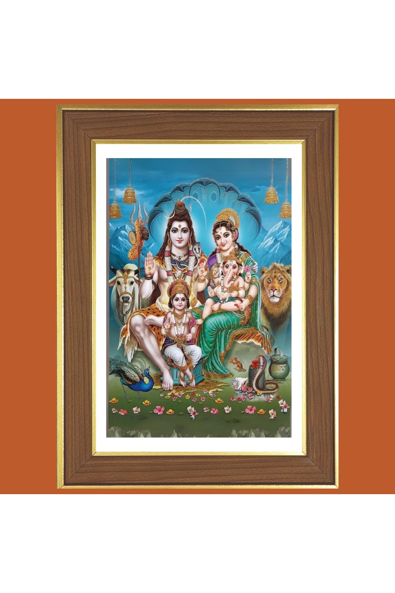 Lord Shiva Parivar Photo Frame - 10x14 Inches, Brown Wooden Frame for Home, Office & Temple Decoration
