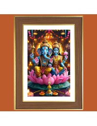 Lord Ganesha Lakshmi Photo Frame - 10x14 Inches, Brown Wooden Frame for Home, Office & Temple decoration