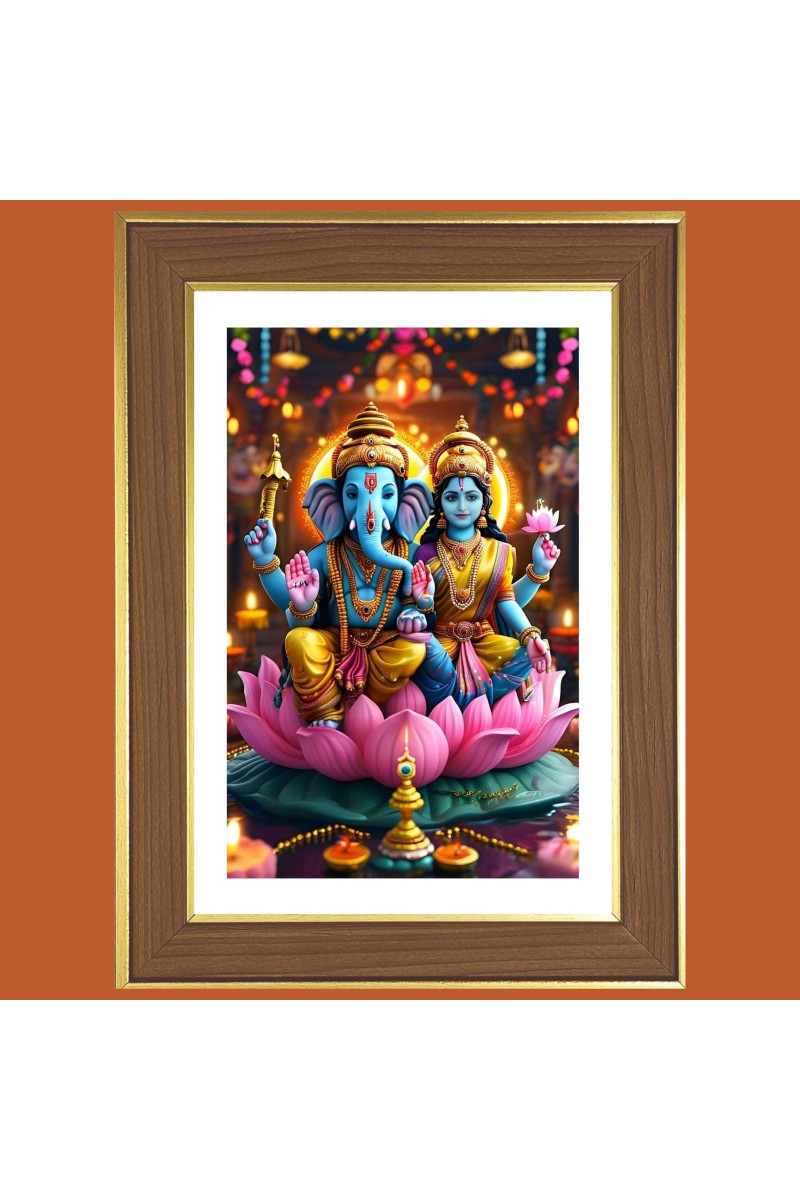 Lord Ganesha Lakshmi Photo Frame - 10x14 Inches, Brown Wooden Frame for Home, Office & Temple decoration