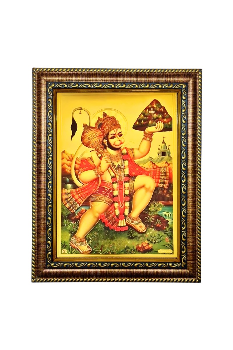 Lord Sri Hanuman Ji Holding Sanjeevani Booti | Gold Plated Photo Frame with Lightweight Waterproof Glass Cover | Ideal for Home Décor & Gifting.
