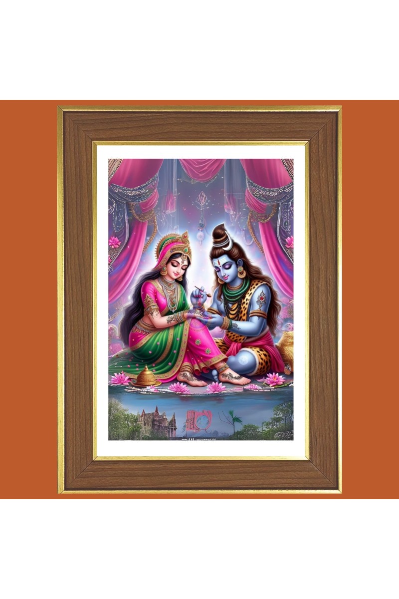 Lord Shiva and Parvathi Photo Frame - 14x18 Inches, Brown Wooden Frame for Home, Office & Temple Decoration