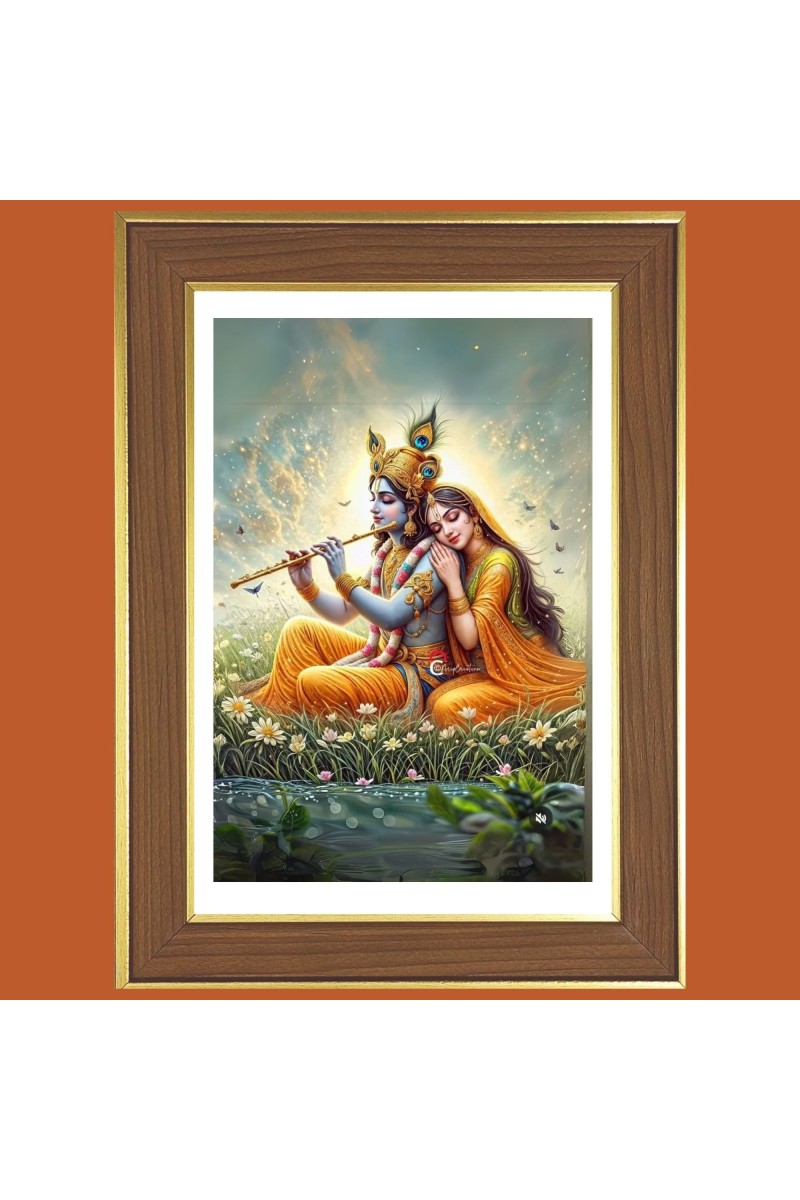 Radha krishna with flute Photo Frame - 12x16 Inches, Brown Wooden Frame for Home, Office & Temple Decoration