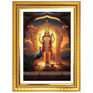 Lord Kartikeya Photo Frame - 10x14 Inches, Brown Wooden Frame for Home, Office & Temple Decoration