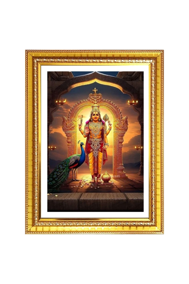 Lord Kartikeya Photo Frame - 10x14 Inches, Brown Wooden Frame for Home, Office & Temple Decoration