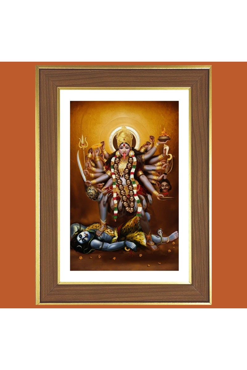 Goddess Badra Kali Photo Frame - 10x14 Inches, Brown Wooden Frame for Home, Office & Temple Decoration