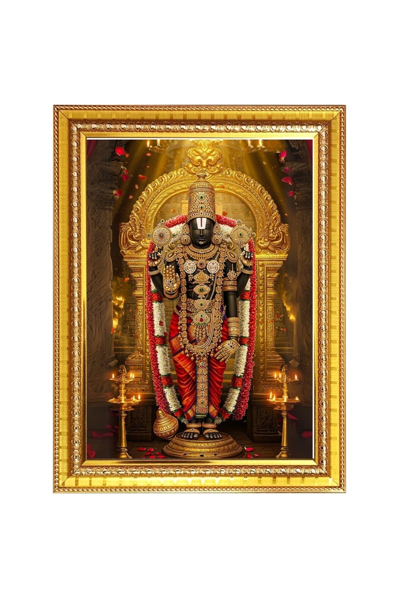 Lord sri venkateshwara swamy Photo Frame - 12x16 Inches, Brown Wooden Frame for Home, Office & Temple Decoration