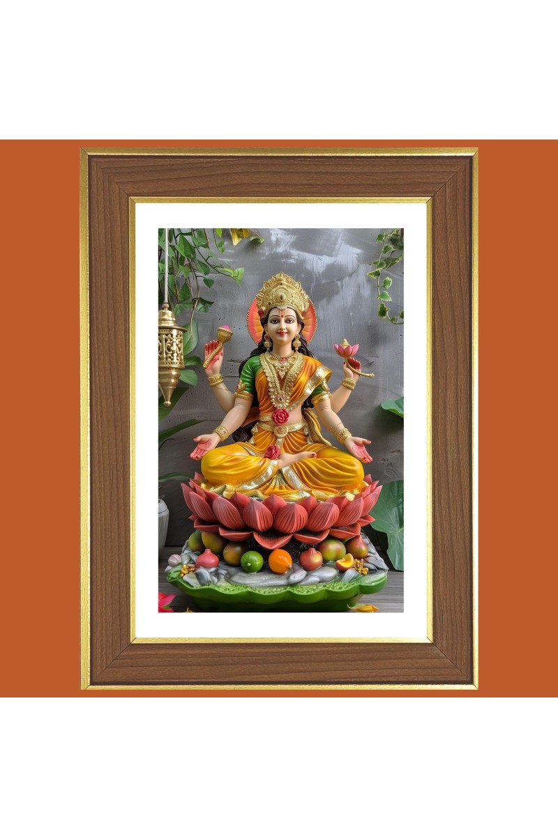 Goddess Lakshmi Photo Frame - 10x14 Inches, Brown Wooden Frame for Home, Office & Temple Decoration