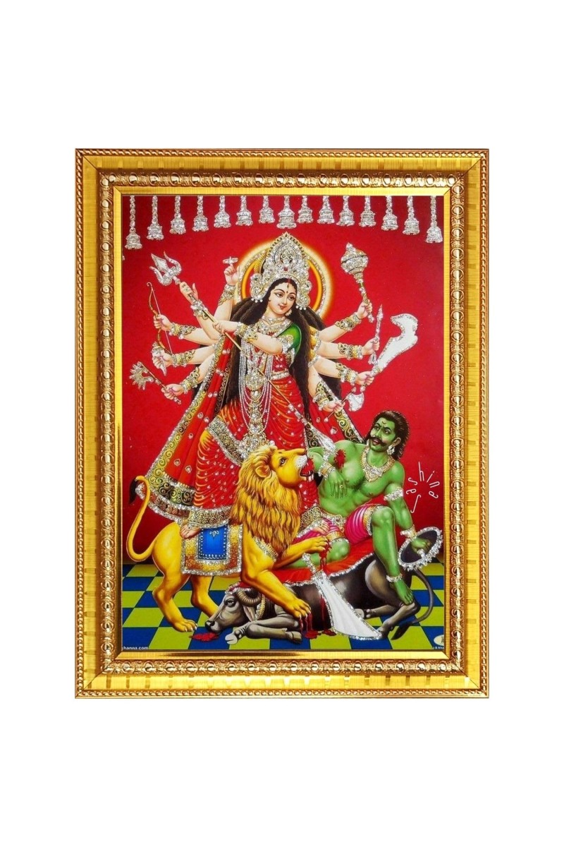 Mahishasura mardhini Photo Frame - 10x14 Inches, Brown Wooden Frame for Home, Office & Temple Decoration