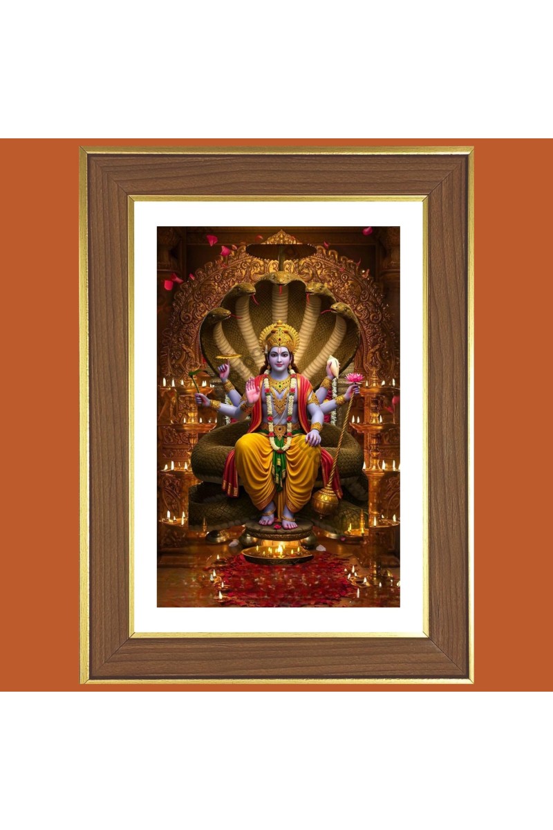 Lord Vishnu Photo Frame - 12x16 Inches, Brown Wooden Frame for Home, Office & Temple Decoration