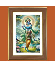 Lord Krishna playing Murali Photo Frame - 10x14 Inches, Brown Wooden Frame for Home, Office & Temple Decoration