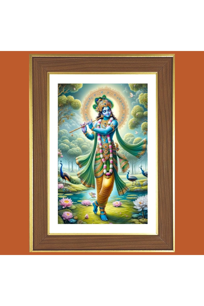 Lord Krishna playing Murali Photo Frame - 10x14 Inches, Brown Wooden Frame for Home, Office & Temple Decoration