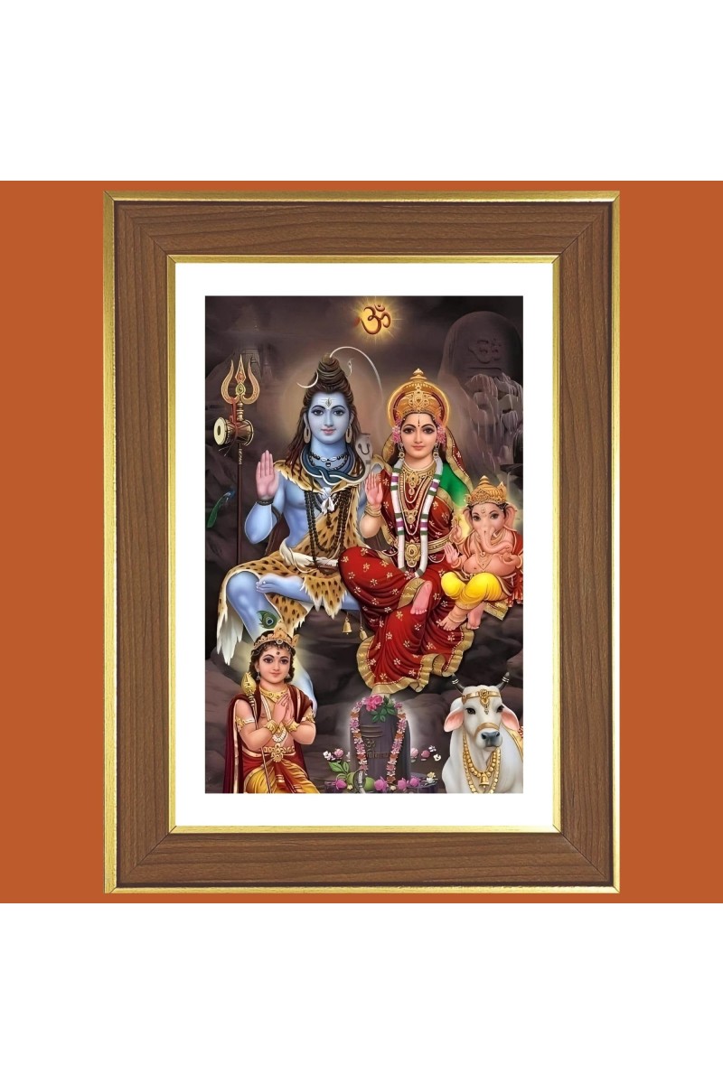 Lord shiva and parvathi with ganesha Photo Frame - 10x14 Inches, Brown Wooden Frame for Home, Office & Temple Decoration