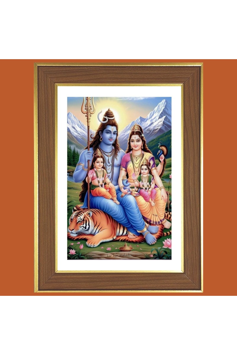 Mahadev Parvati Ganesh Kartikeya Photo Frame - 10x14 Inches, Brown Wooden Frame for Home, Office & Temple Decoration