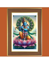Sri Krishna On Lotus Photo Frame - 10x14 Inches, Brown Wooden Frame for Home, Office & Temple Decoration