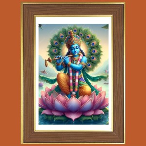 Sri Krishna On Lotus Photo Frame - 10x14 Inches, Brown Wooden Frame for Home, Office & Temple Decoration