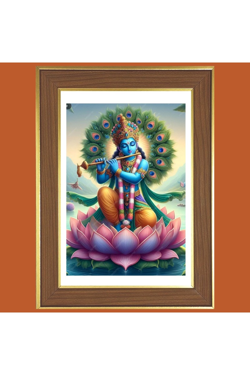 Sri Krishna On Lotus Photo Frame - 12x16 Inches, Brown Wooden Frame for Home, Office & Temple Decoration