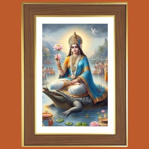 Goddess Ganga Photo Frame - 10x14 Inches, Brown Wooden Frame for Home, Office & Temple Decoration