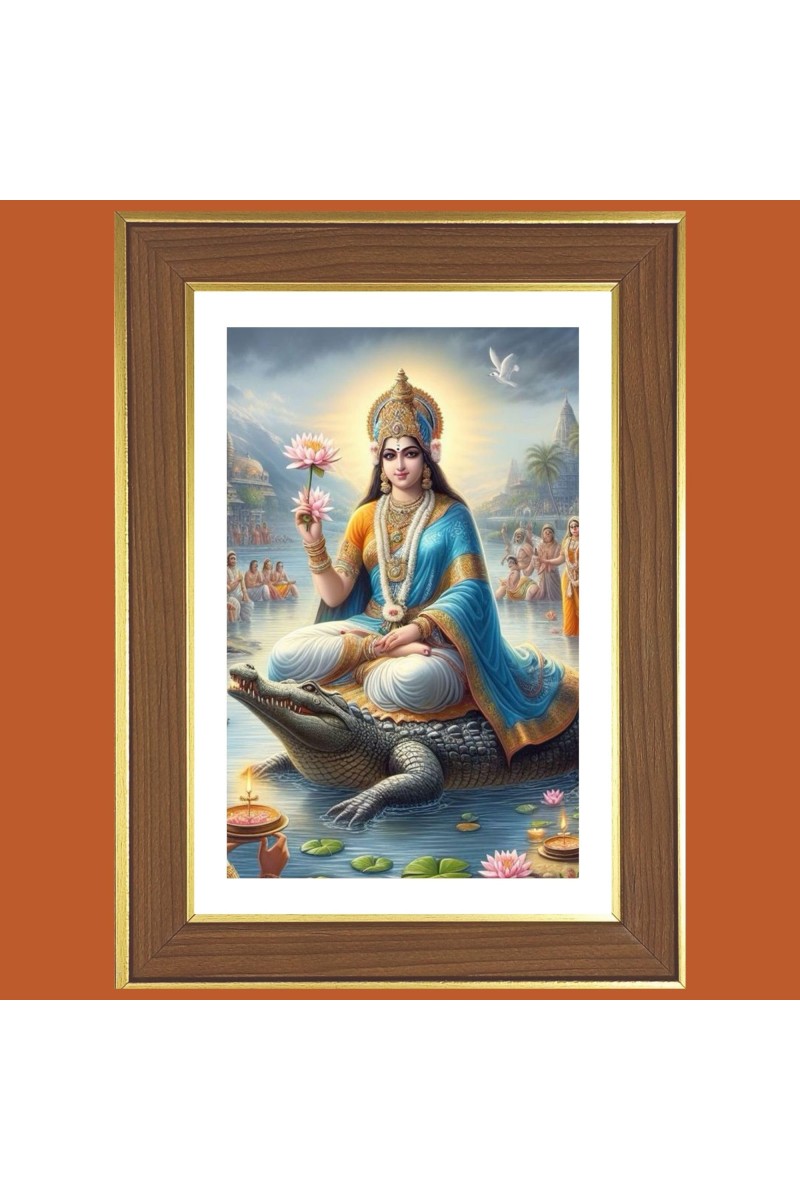 Goddess Ganga Photo Frame - 10x14 Inches, Brown Wooden Frame for Home, Office & Temple Decoration