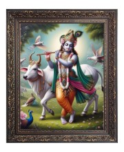 Sri Krishna with Cow Big Photo Frame - 16x20 Inches for Home & Office Decoration