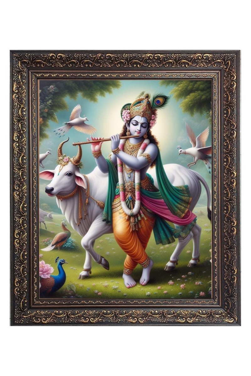 Sri Krishna with Cow Big Photo Frame - 18x22 Inches for Home & Office Decoration