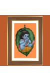 Baby Krishna with leaf Photo Frame - 12x16 Inches, Brown Wooden Frame for Home, Office & Temple decoration