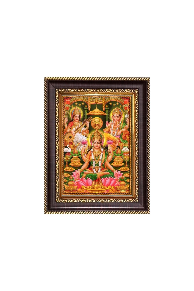 Maa Lakhsmi, Sri Ganesh and Maa Swaraswait Digital Print Photo 8.7x10.7 inches - Vibrant Religious Wall Art for Home or Office Decor.