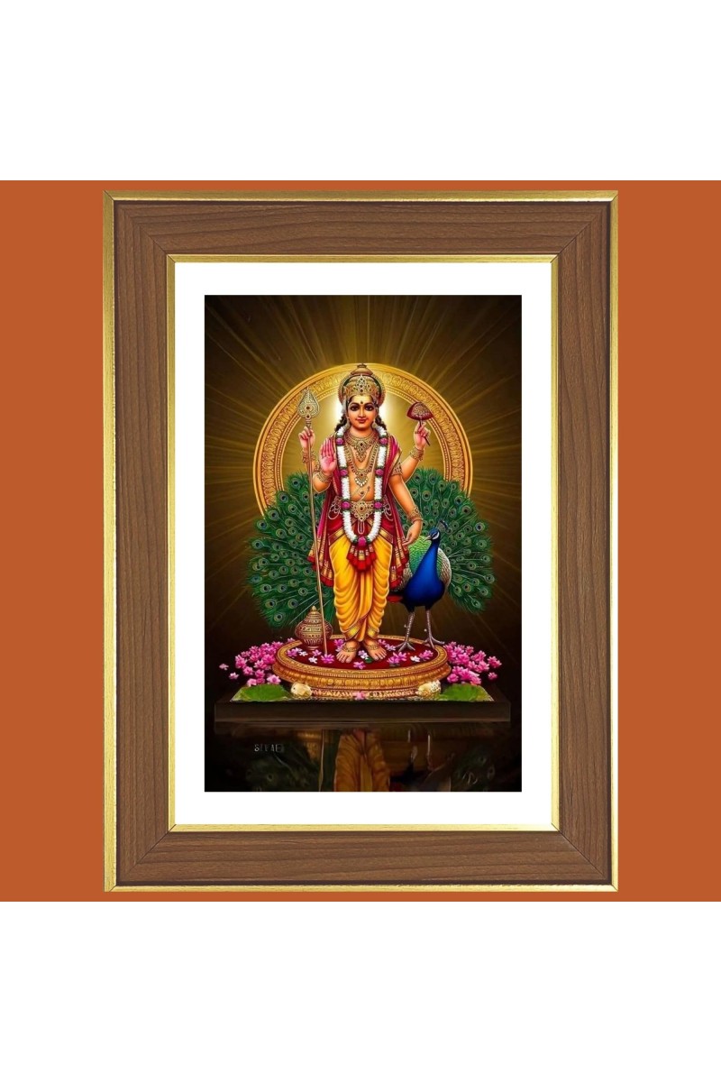 Lord Kartikeya Photo Frame - 12x16 Inches, Brown Wooden Frame for Home, Office & Temple Decoration