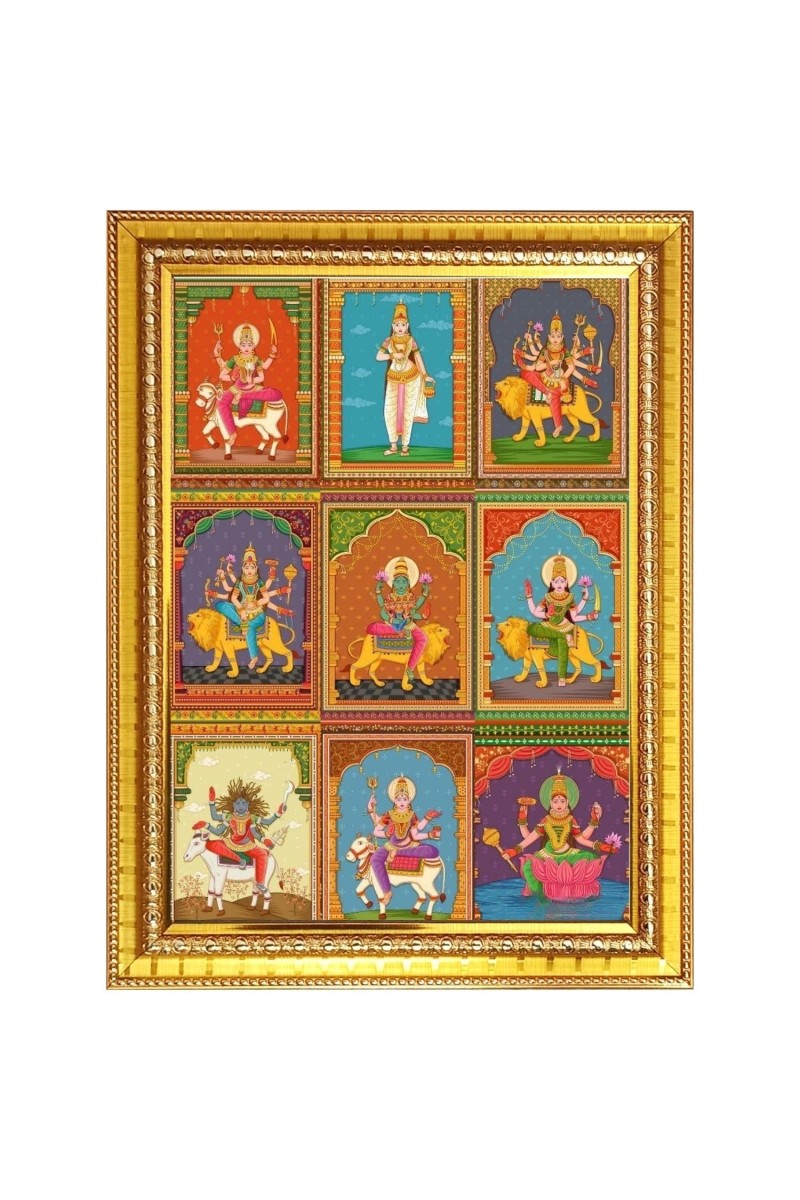 Nine Shakti Roop Photo Frame - 10x14 Inches, Brown Wooden Frame for Home, Office & Temple Decoration