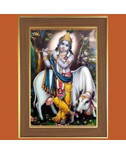 Eternal Krishna Photo Frame - 10x14 Inches, Brown Wooden Frame for Home, Office & Temple Decoration