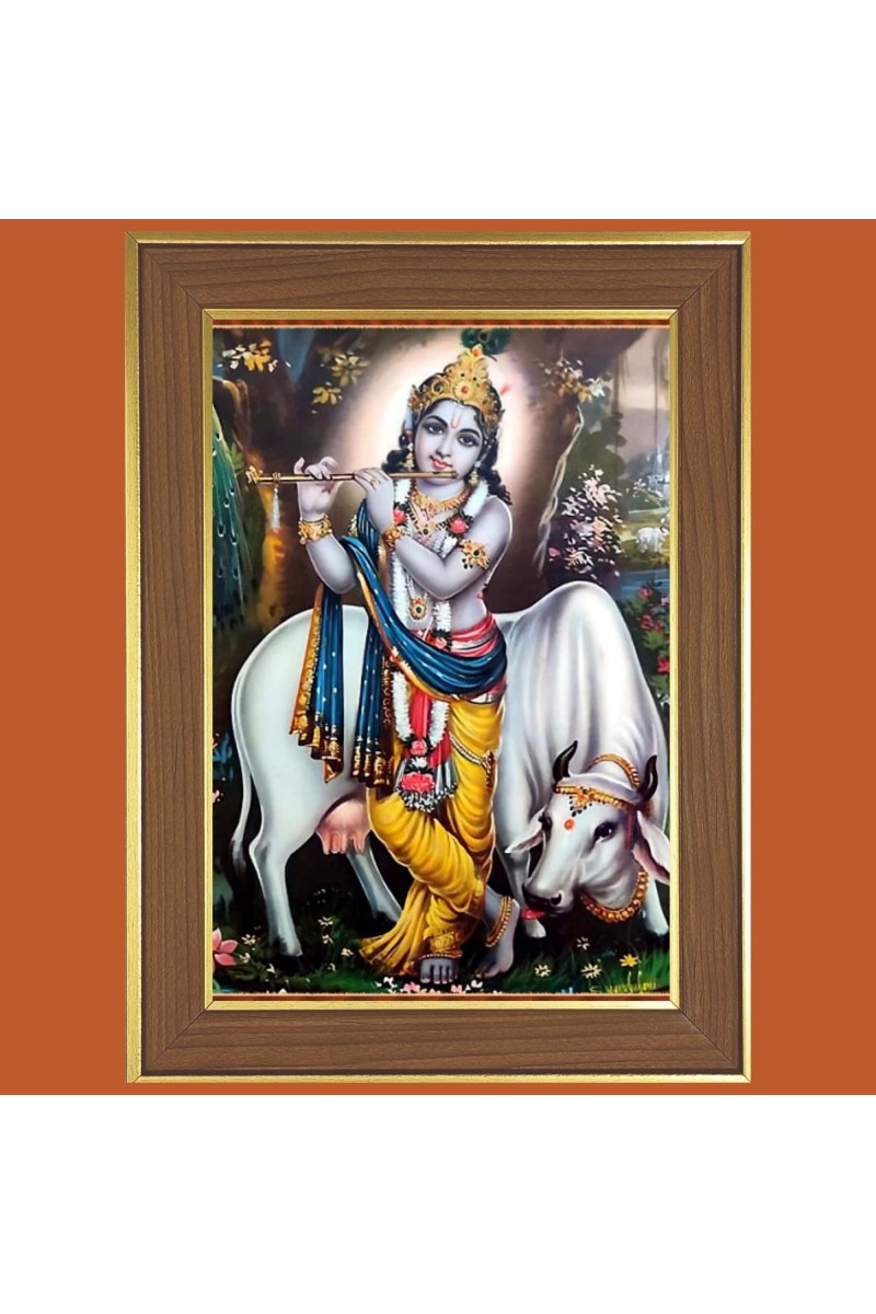 Eternal Krishna Photo Frame - 10x14 Inches, Brown Wooden Frame for Home, Office & Temple Decoration