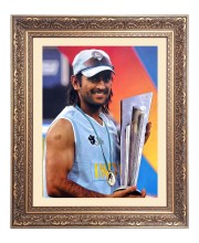 Mahindra Singh Dhoni With Cup Big Photo Frame - 16x20 Inches for Home & Office Decoration
