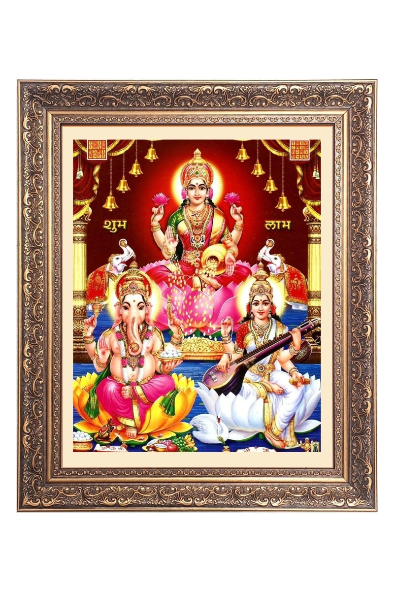 Mata Lakshmi (Laxmi), Sri Ganesh and Maa Saraswathi Big Photo Frame - 18x22 Inches for Home & Office Decoration
