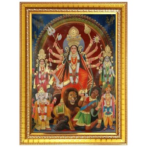 Goddess durga Photo Frame - 12x16 Inches, Brown Wooden Frame for Home, Office & Temple Decoration