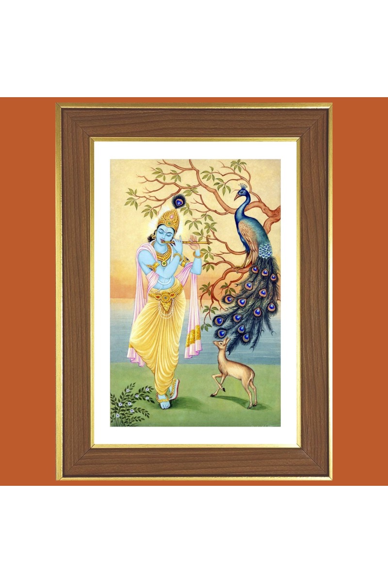 God Sri Krishna Photo Frame - 10x14 Inches, Brown Wooden Frame for Home, Office & Temple decoration