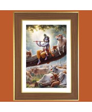 Lord Krishna with Murali Photo Frame - 10x14 Inches, Brown Wooden Frame for Home, Office & Temple decoration