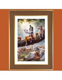 Lord Krishna with Murali Photo Frame - 12x16 Inches, Brown Wooden Frame for Home, Office & Temple decoration