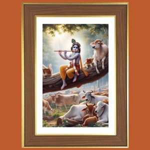Lord Krishna with Murali Photo Frame - 12x16 Inches, Brown Wooden Frame for Home, Office & Temple decoration